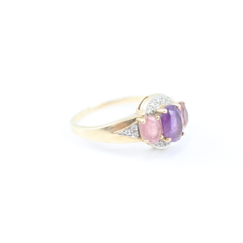 14 - 9ct gold diamond, amethyst & pink tourmaline dress ring (3.7g) Size O