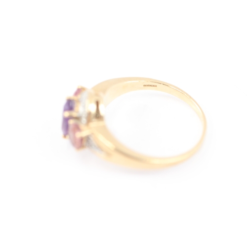 14 - 9ct gold diamond, amethyst & pink tourmaline dress ring (3.7g) Size O