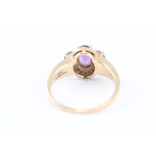 14 - 9ct gold diamond, amethyst & pink tourmaline dress ring (3.7g) Size O