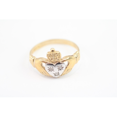 45 - 9ct gold diamond Irish claddah ring (2.8g) Size S