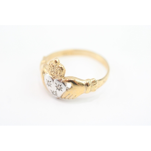 45 - 9ct gold diamond Irish claddah ring (2.8g) Size S