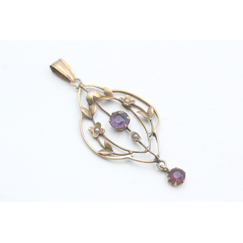 39 - 9ct gold Edwardian amethyst & seed pearl pendant (1.8g)
