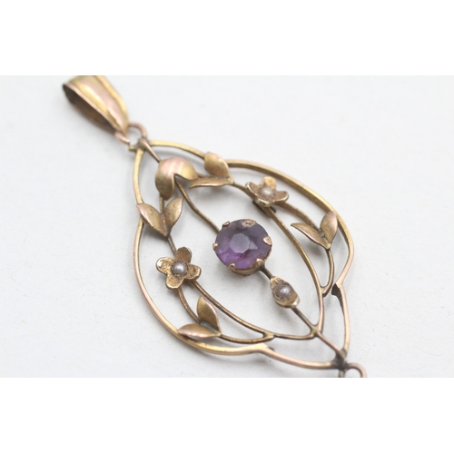 39 - 9ct gold Edwardian amethyst & seed pearl pendant (1.8g)