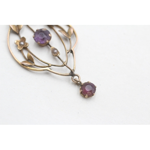 39 - 9ct gold Edwardian amethyst & seed pearl pendant (1.8g)