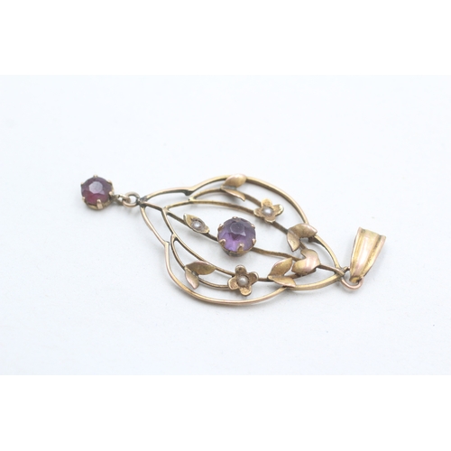 39 - 9ct gold Edwardian amethyst & seed pearl pendant (1.8g)