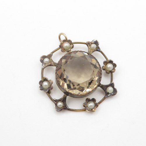 9ct gold smoky quartz and split pearl pendant (4.1g)