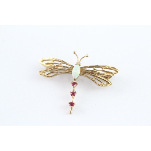 2 - 9ct gold vintage ruby and opal dragonfly brooch (2.1g)
