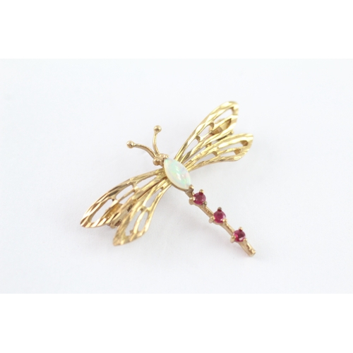 2 - 9ct gold vintage ruby and opal dragonfly brooch (2.1g)