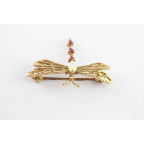 2 - 9ct gold vintage ruby and opal dragonfly brooch (2.1g)
