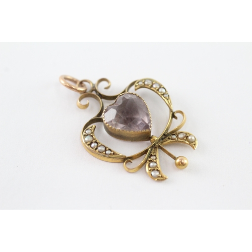 32 - 9ct gold antique amethyst & seed pearl heart pendant (2.3g)