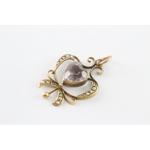 32 - 9ct gold antique amethyst & seed pearl heart pendant (2.3g)