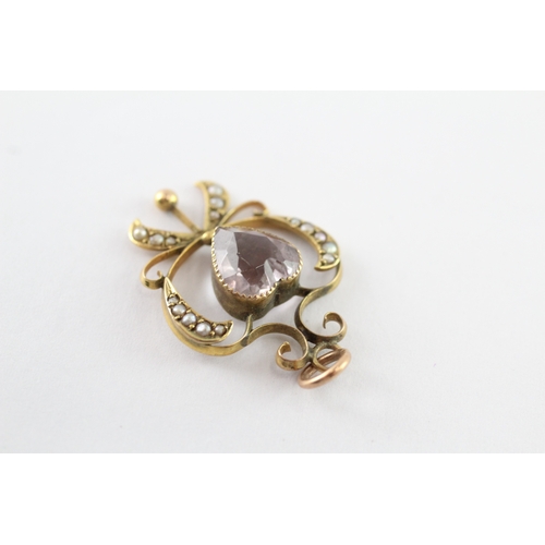 32 - 9ct gold antique amethyst & seed pearl heart pendant (2.3g)