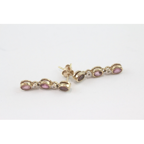 33 - 9ct gold pink sapphire diamond drop earrings (2g)
