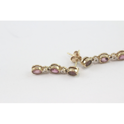 33 - 9ct gold pink sapphire diamond drop earrings (2g)