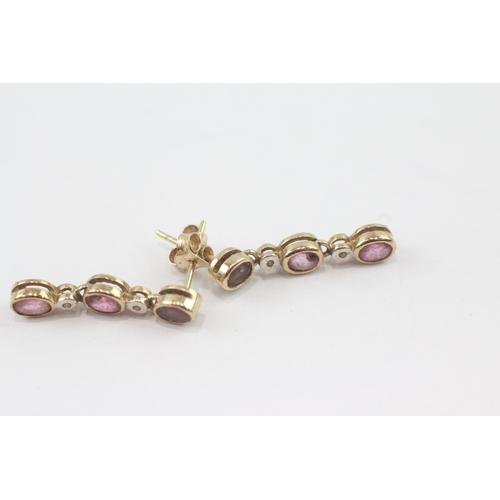 33 - 9ct gold pink sapphire diamond drop earrings (2g)
