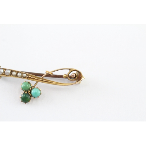 40 - 9ct gold seed pearl and turquoise twist bar brooch (1.4g)
