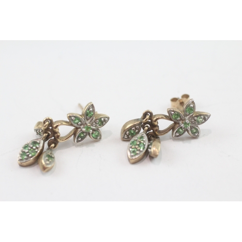 41 - 9ct gold green gemstone floral drop earrings (3.8g)