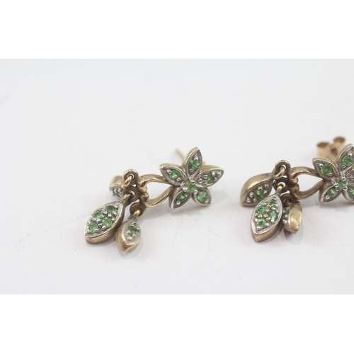 41 - 9ct gold green gemstone floral drop earrings (3.8g)