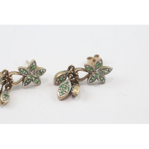 41 - 9ct gold green gemstone floral drop earrings (3.8g)