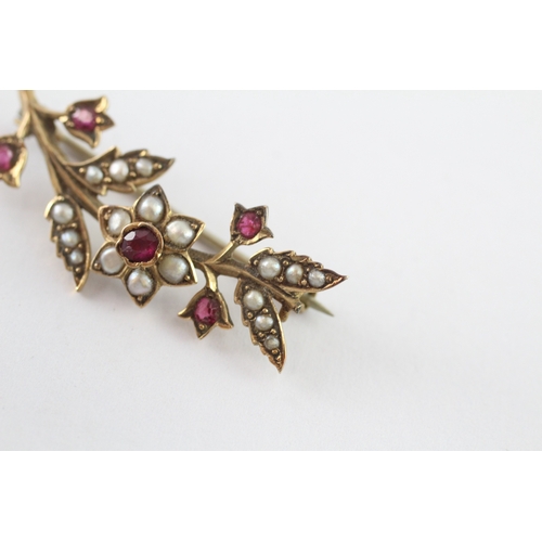 6 - 9ct gold ruby and seed pearl floral brooch (3.2g)