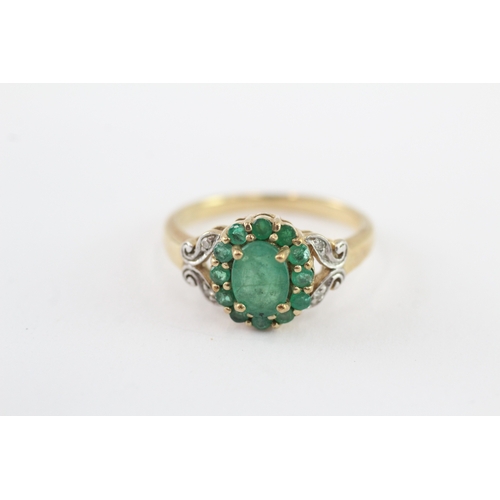60 - 9ct gold emerald and diamond cluster ring (2.8g) Size N