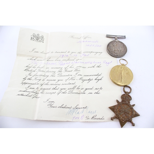 WW1 1914-15 Star Trio & Casualty Note Named To 826 Pte A. Facer R. War Regt