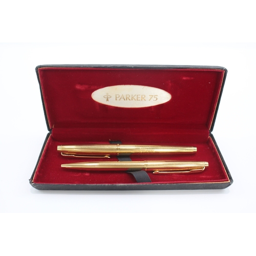 Vintage Parker 75 Gold Plated Fountain Pen Set w/ 14ct Gold Nib WRITING ...