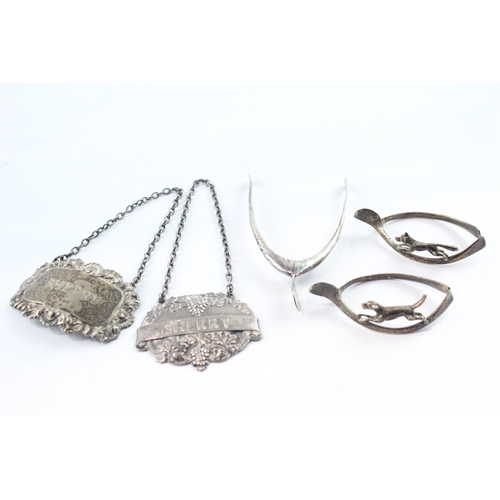 5 x .925 sterling silver decanter labels, sugar nips, napkin clips 67g