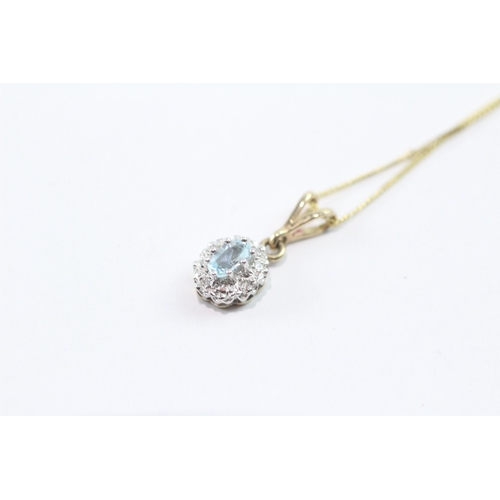 73 - 9ct gold aquamarine & diamond cluster pendant necklace (1.7g)