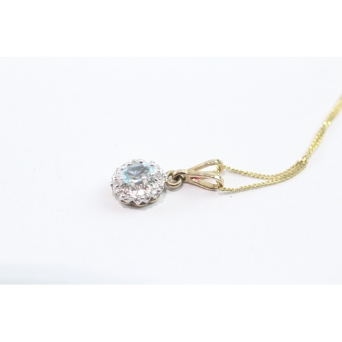 73 - 9ct gold aquamarine & diamond cluster pendant necklace (1.7g)