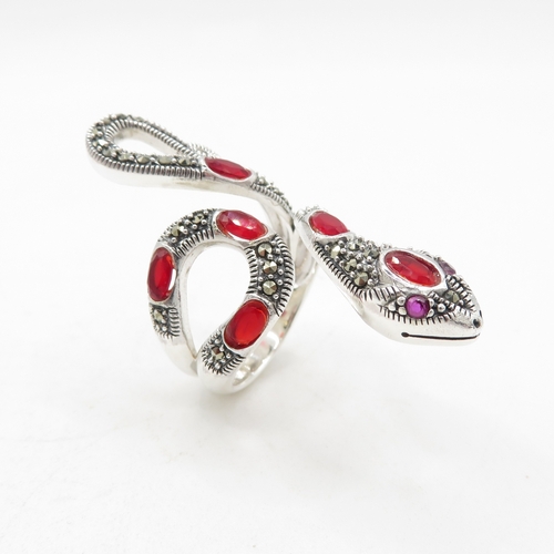 Sterling Silver 925 Snake Ring with Red Semi Precious Stones (10.5g) - Adjustable