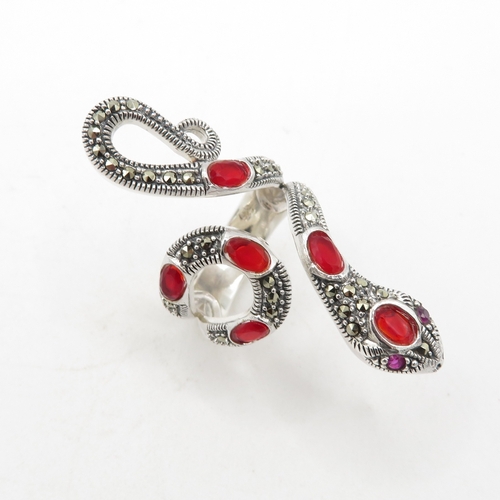 110 - Sterling Silver 925 Snake Ring with Red Semi Precious Stones (10.5g) - Adjustable