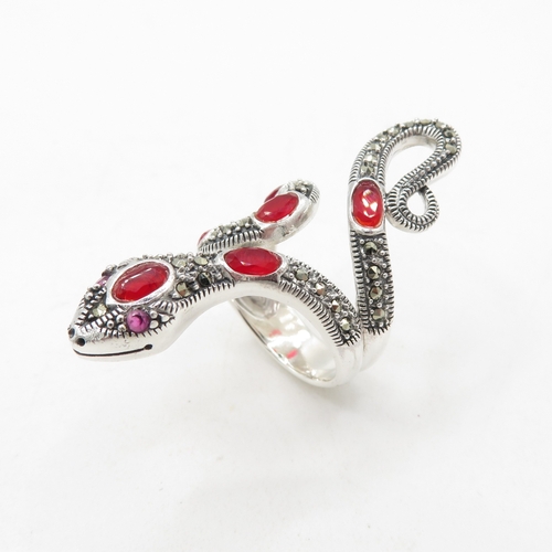 110 - Sterling Silver 925 Snake Ring with Red Semi Precious Stones (10.5g) - Adjustable