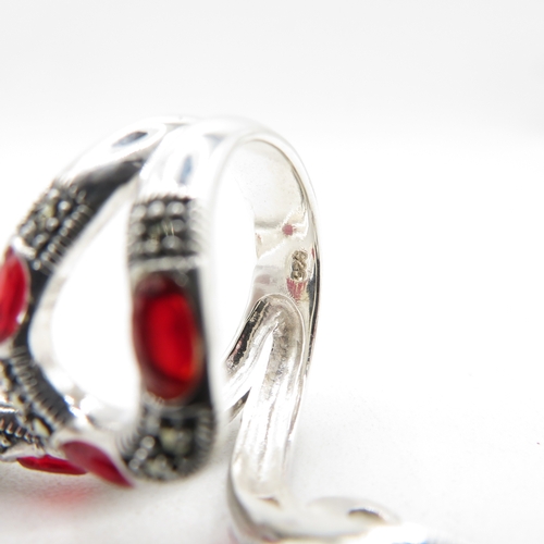 110 - Sterling Silver 925 Snake Ring with Red Semi Precious Stones (10.5g) - Adjustable