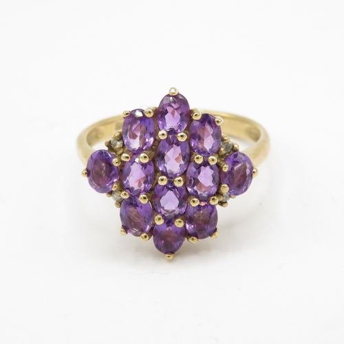 9ct gold diamond amethyst cluster ring (3.3g) Size P