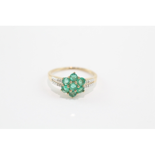 16 - 9ct gold emerald and diamond cluster ring (2.2g) Size N 1/2