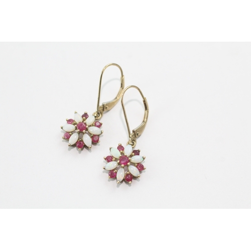 2 - 9ct gold opal ruby drop earrings (2g)