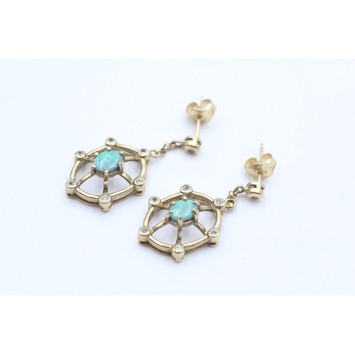 33 - 9ct gold opal doublet white gemstone drop earrings (4.7g)