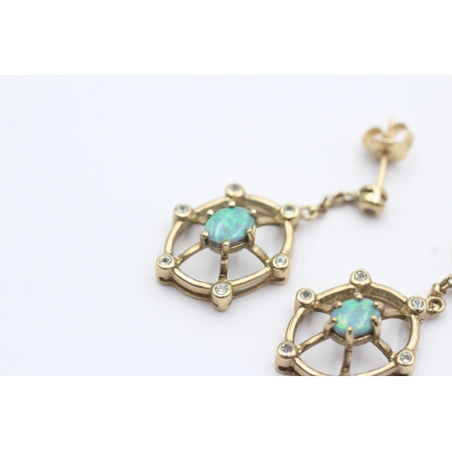 33 - 9ct gold opal doublet white gemstone drop earrings (4.7g)