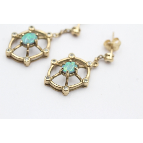 33 - 9ct gold opal doublet white gemstone drop earrings (4.7g)