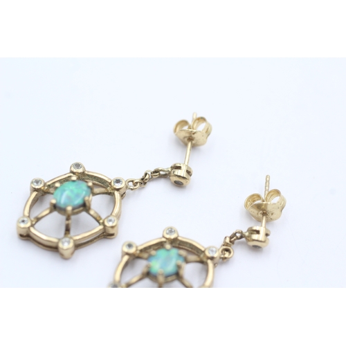 33 - 9ct gold opal doublet white gemstone drop earrings (4.7g)