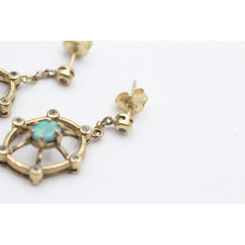 33 - 9ct gold opal doublet white gemstone drop earrings (4.7g)