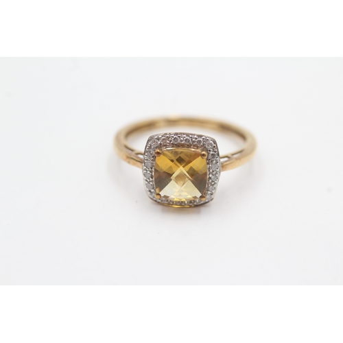 57 - 9ct gold citrine diamond halo cluster ring (2.1g) Size N
