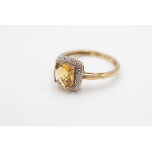 57 - 9ct gold citrine diamond halo cluster ring (2.1g) Size N