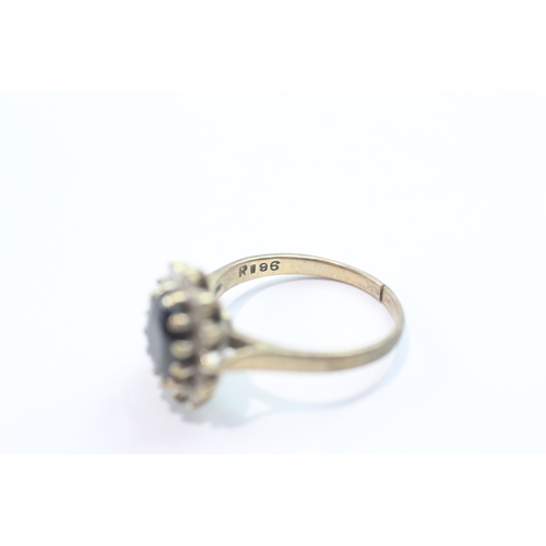 58 - 9ct gold sapphire diamond cluster ring (3.6g) Size O