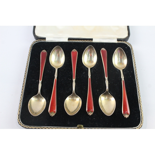 6 x Vintage .925 Sterling Silver Burgundy Guilloche Enamel Teaspoons Cased 65g