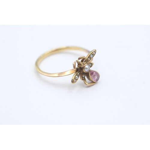 40 - 9ct gold antique pink tourmaline & seed pearl fly dress ring (As found) (3.1g) Size P 1/2