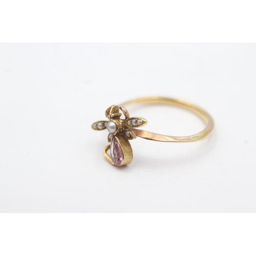 40 - 9ct gold antique pink tourmaline & seed pearl fly dress ring (As found) (3.1g) Size P 1/2
