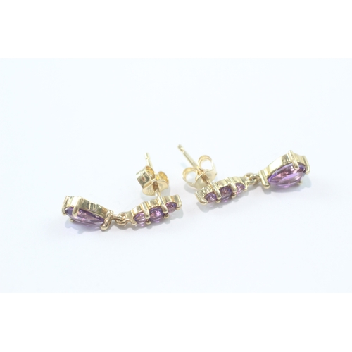 42 - 9ct gold amethyst drop stud earrings (1.4g)