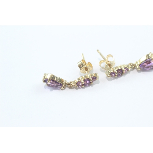 42 - 9ct gold amethyst drop stud earrings (1.4g)